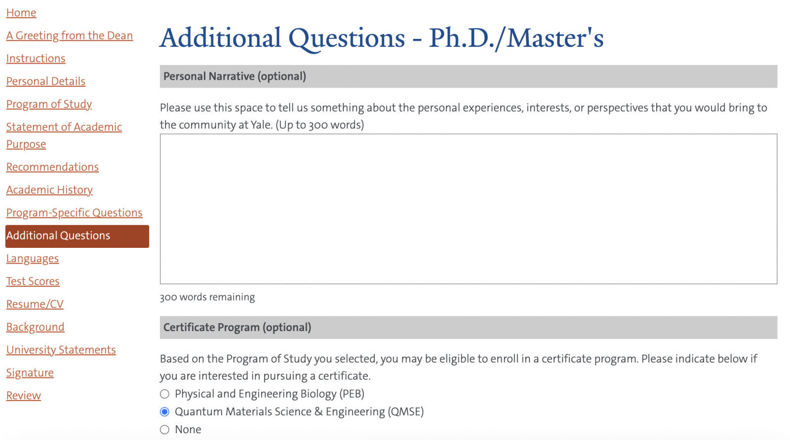 Screenshot of the Additional Questions page of the Yale GSAS application with QMSE selected under the Certificate Programs header